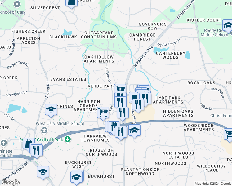 map of restaurants, bars, coffee shops, grocery stores, and more near 305 Roberts Ridge Drive in Cary