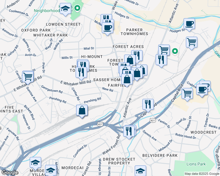 map of restaurants, bars, coffee shops, grocery stores, and more near 721 New Road in Raleigh