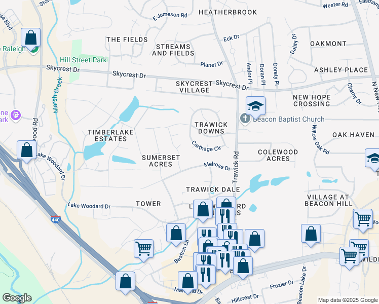map of restaurants, bars, coffee shops, grocery stores, and more near 2018 Seneca Road in Raleigh