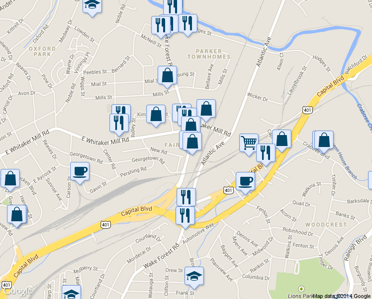 map of restaurants, bars, coffee shops, grocery stores, and more near 1932 Fairfield Drive in Raleigh