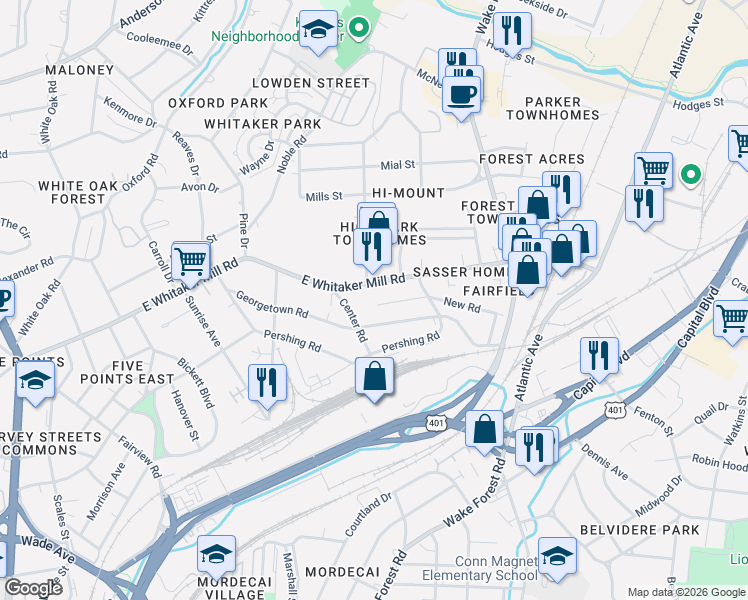 map of restaurants, bars, coffee shops, grocery stores, and more near 626 East Whitaker Mill Road in Raleigh