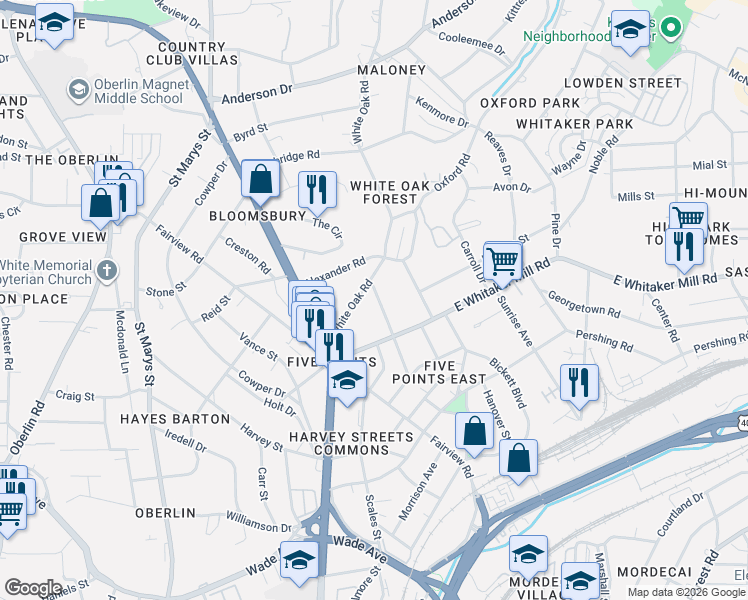 map of restaurants, bars, coffee shops, grocery stores, and more near 1920 Sunset Drive in Raleigh