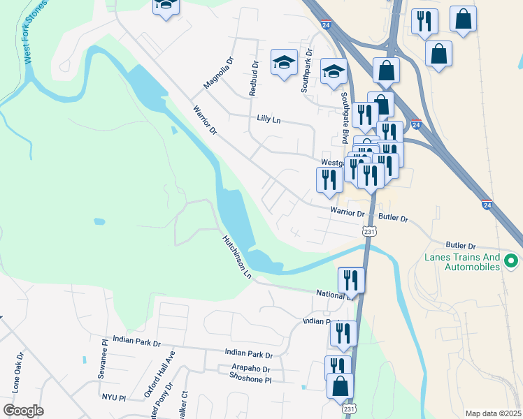 map of restaurants, bars, coffee shops, grocery stores, and more near 425 Warrior Drive in Murfreesboro