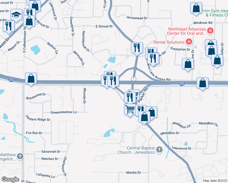 map of restaurants, bars, coffee shops, grocery stores, and more near 723 East Parker Road in Jonesboro