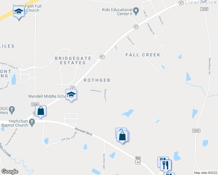 map of restaurants, bars, coffee shops, grocery stores, and more near 1024 Bittbourg Lane in Wendell