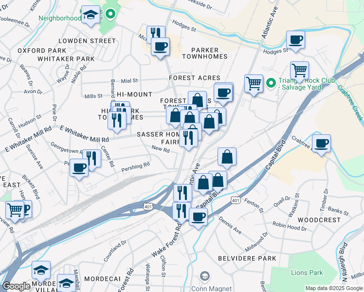 map of restaurants, bars, coffee shops, grocery stores, and more near 1932 Fairfield Drive in Raleigh