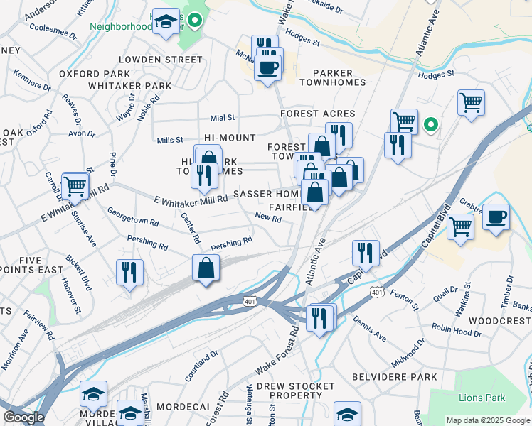 map of restaurants, bars, coffee shops, grocery stores, and more near 715 New Road in Raleigh