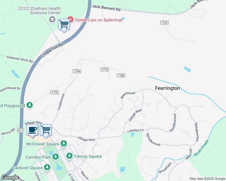map of restaurants, bars, coffee shops, grocery stores, and more near 247 Fox Ridge Road in Pittsboro