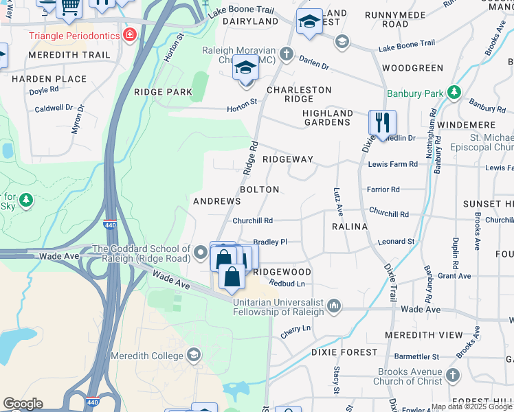 map of restaurants, bars, coffee shops, grocery stores, and more near 1409 Dellwood Drive in Raleigh