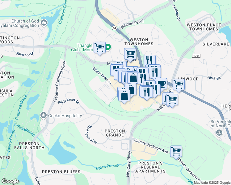 map of restaurants, bars, coffee shops, grocery stores, and more near 3028 Bristol Creek Drive in Morrisville