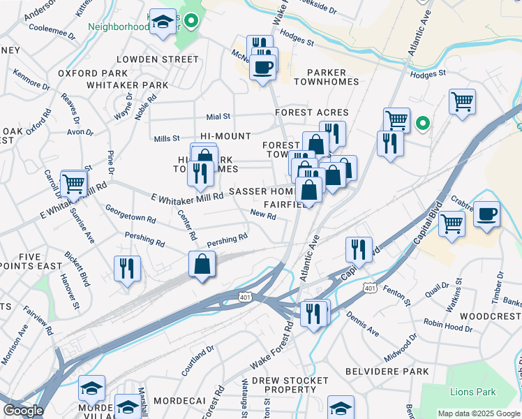 map of restaurants, bars, coffee shops, grocery stores, and more near 715 New Road in Raleigh
