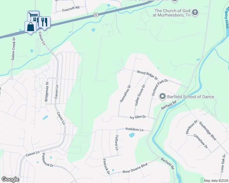 map of restaurants, bars, coffee shops, grocery stores, and more near 2236 Sassafras Drive in Murfreesboro
