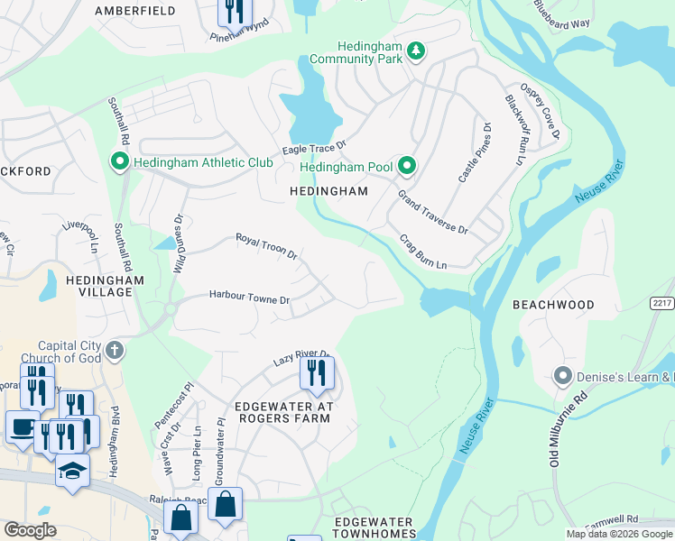 map of restaurants, bars, coffee shops, grocery stores, and more near 1806 Crystal Downs Lane in Raleigh