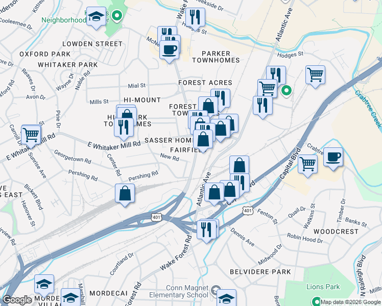 map of restaurants, bars, coffee shops, grocery stores, and more near 1932 Fairfield Drive in Raleigh