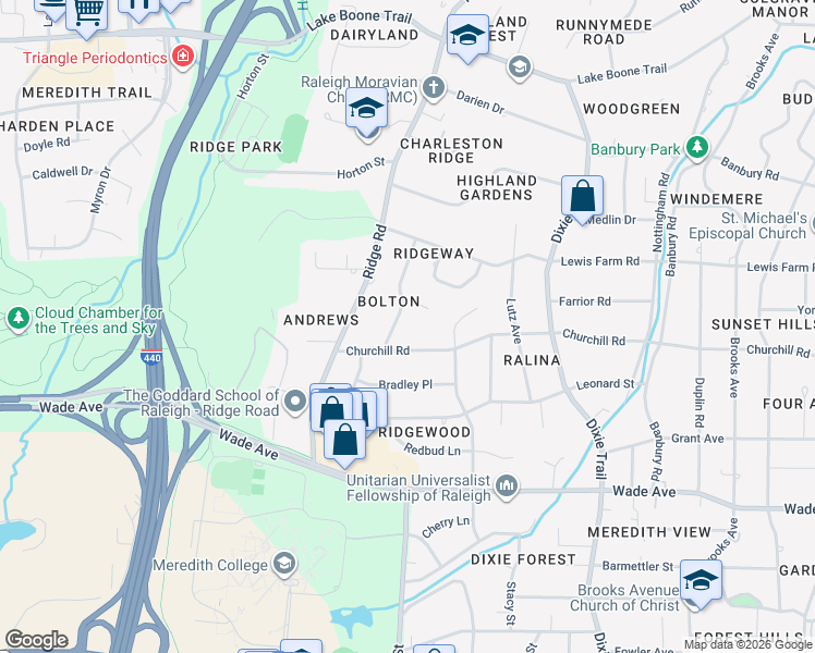 map of restaurants, bars, coffee shops, grocery stores, and more near 1416 Dellwood Drive in Raleigh