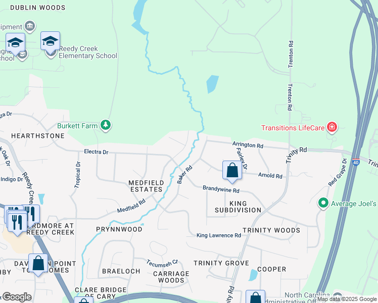 map of restaurants, bars, coffee shops, grocery stores, and more near 1815 Medfield Road in Raleigh