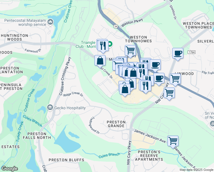 map of restaurants, bars, coffee shops, grocery stores, and more near 3024 Bristol Creek Drive in Morrisville
