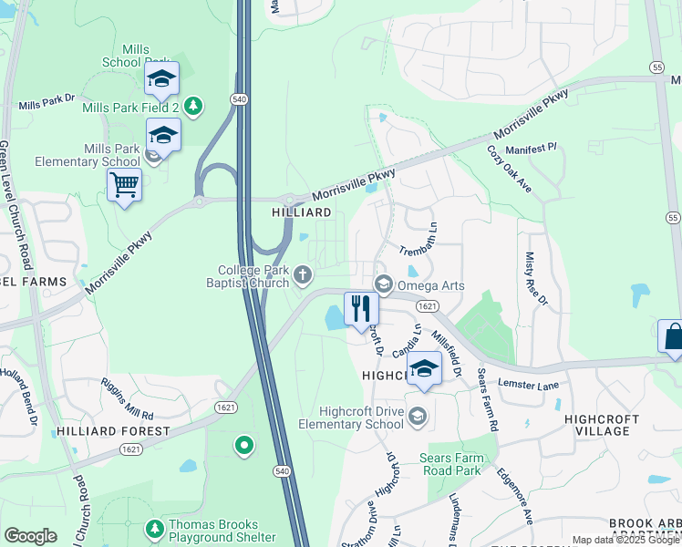 map of restaurants, bars, coffee shops, grocery stores, and more near 102 Hilliard Lane in Cary