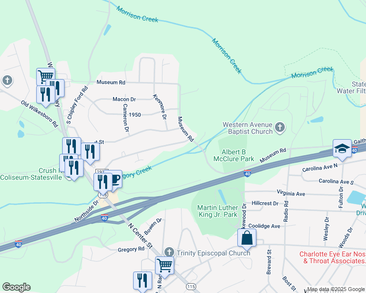 map of restaurants, bars, coffee shops, grocery stores, and more near 510 Millsaps Road in Statesville