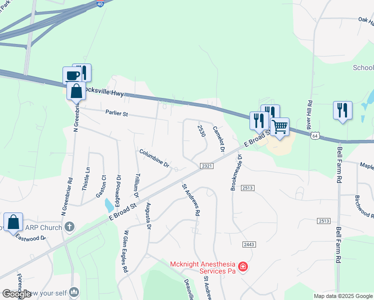 map of restaurants, bars, coffee shops, grocery stores, and more near 206 Camelot Dr in Statesville