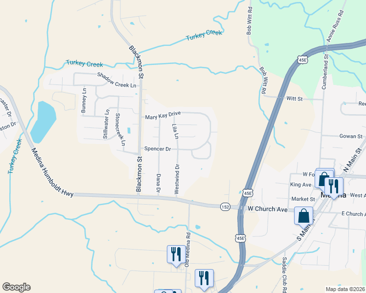 map of restaurants, bars, coffee shops, grocery stores, and more near 210 Lila Ln in Medina