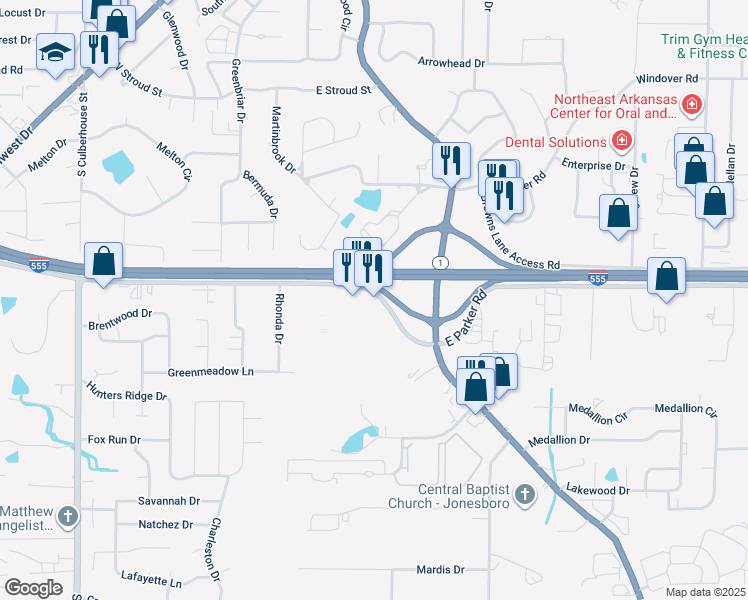 map of restaurants, bars, coffee shops, grocery stores, and more near 723 East Parker Road in Jonesboro