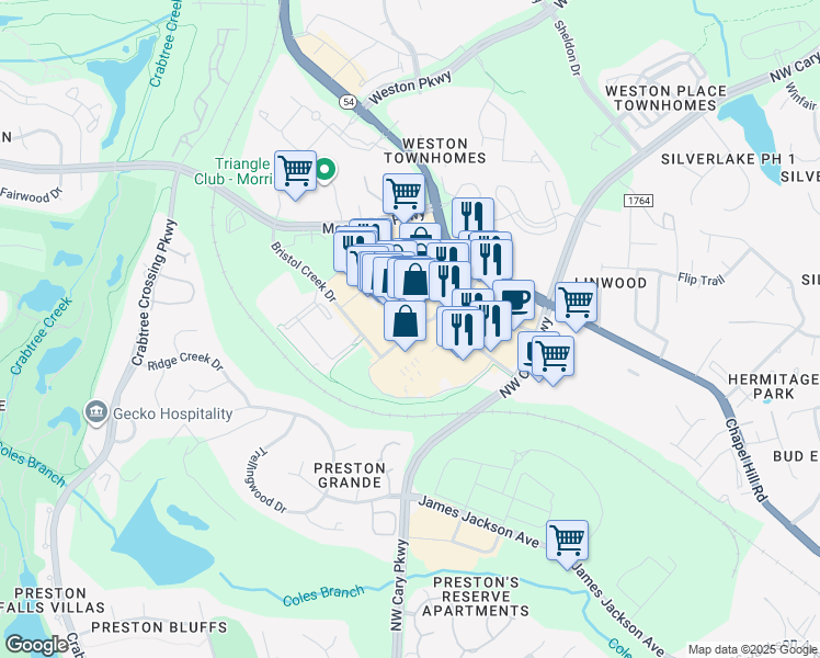 map of restaurants, bars, coffee shops, grocery stores, and more near 9705 Chapel Hill Road in Morrisville