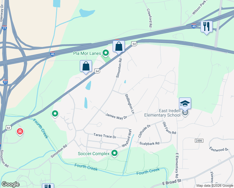 map of restaurants, bars, coffee shops, grocery stores, and more near 2312 Marthas Ridge Drive in Statesville