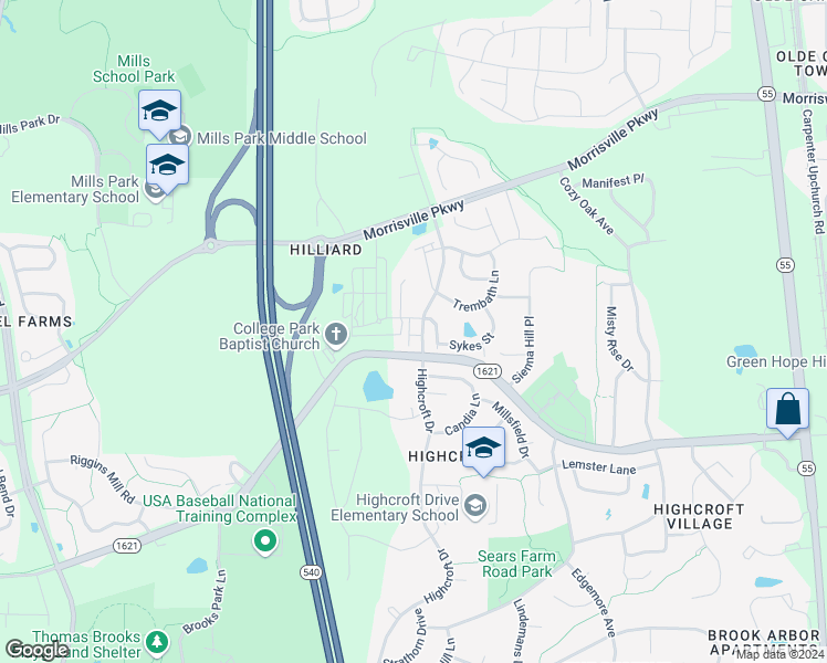 map of restaurants, bars, coffee shops, grocery stores, and more near 4962 Highcroft Drive in Cary
