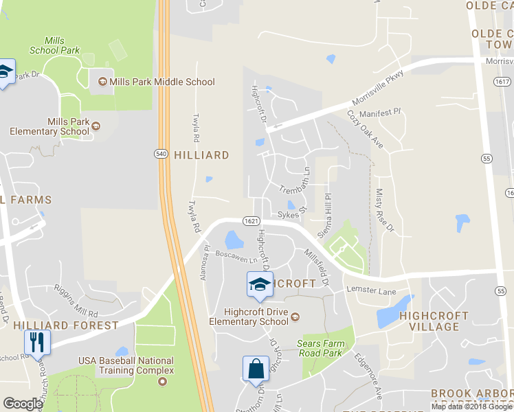 map of restaurants, bars, coffee shops, grocery stores, and more near 4962 Highcroft Drive in Cary