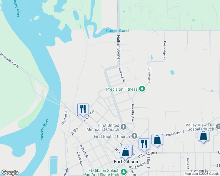 map of restaurants, bars, coffee shops, grocery stores, and more near 803 North Garrison Avenue in Fort Gibson