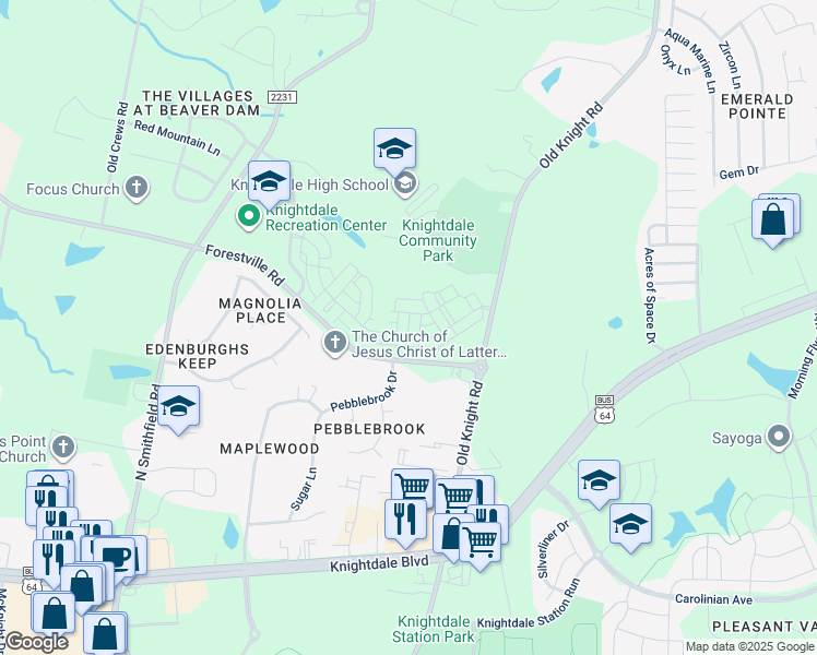 map of restaurants, bars, coffee shops, grocery stores, and more near Barlow Drive in Knightdale