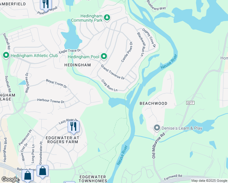 map of restaurants, bars, coffee shops, grocery stores, and more near 1623 Crag Burn Lane in Raleigh