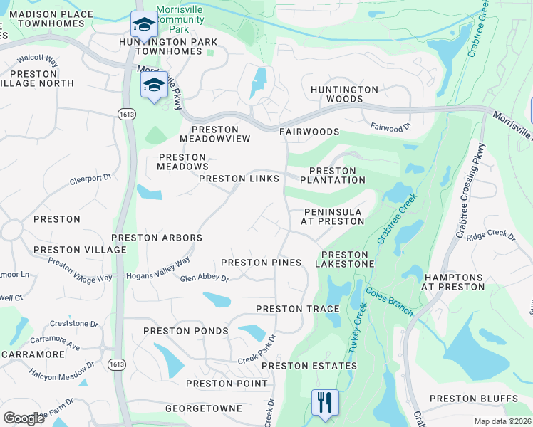 map of restaurants, bars, coffee shops, grocery stores, and more near 100 East Clarksville Court in Cary
