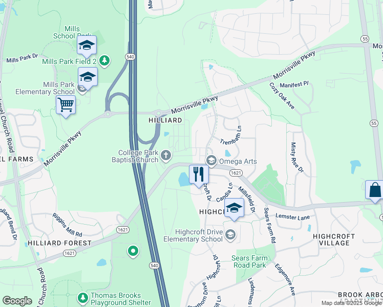 map of restaurants, bars, coffee shops, grocery stores, and more near 3104 Kempthorne Road in Cary