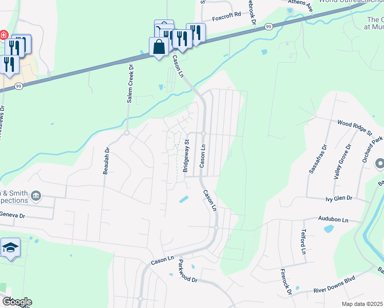 map of restaurants, bars, coffee shops, grocery stores, and more near 2357 Bridgeway Street in Murfreesboro
