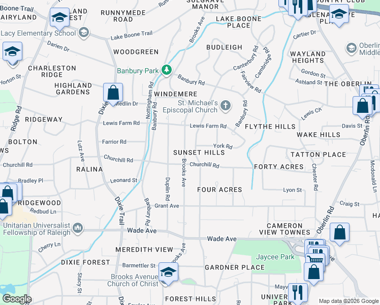 map of restaurants, bars, coffee shops, grocery stores, and more near 1417 Canterbury Road in Raleigh
