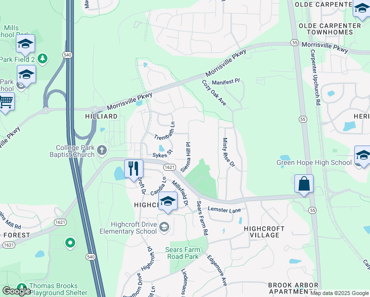 map of restaurants, bars, coffee shops, grocery stores, and more near 3444 Sienna Hill Place in Cary