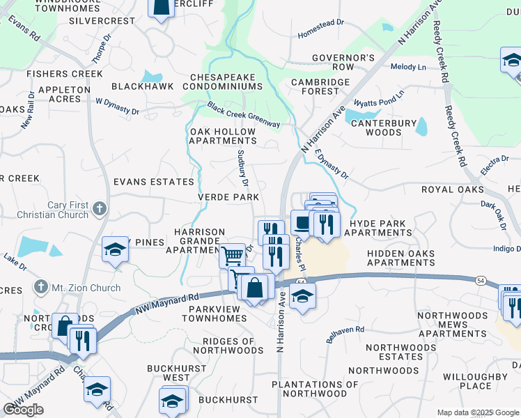 map of restaurants, bars, coffee shops, grocery stores, and more near 305 Roberts Ridge Drive in Cary