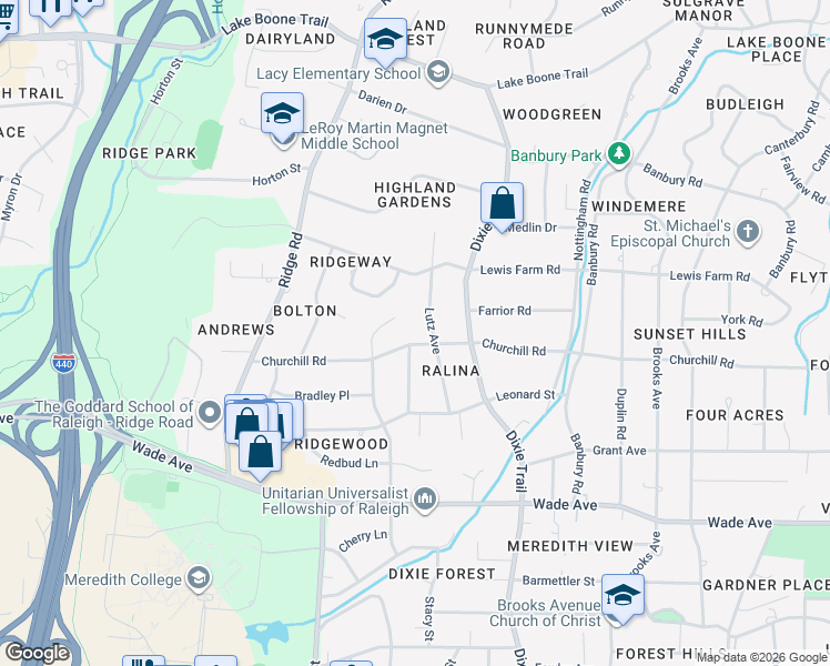 map of restaurants, bars, coffee shops, grocery stores, and more near 1412 Dogwood Lane in Raleigh