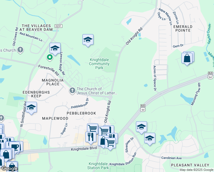 map of restaurants, bars, coffee shops, grocery stores, and more near 1001-1103 Old Knight Road in Knightdale