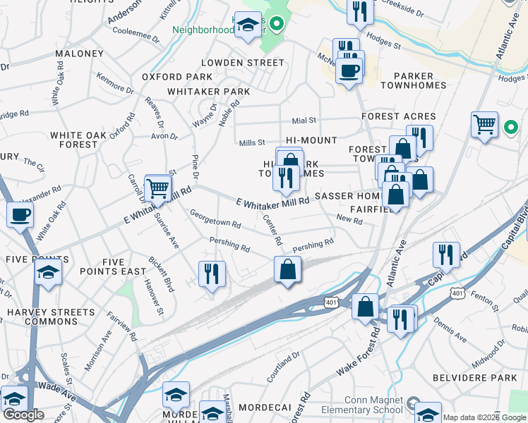 map of restaurants, bars, coffee shops, grocery stores, and more near 606 East Whitaker Mill Road in Raleigh
