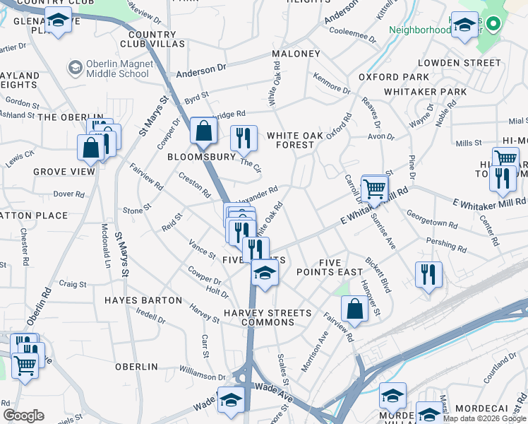 map of restaurants, bars, coffee shops, grocery stores, and more near 1825 White Oak Road in Raleigh