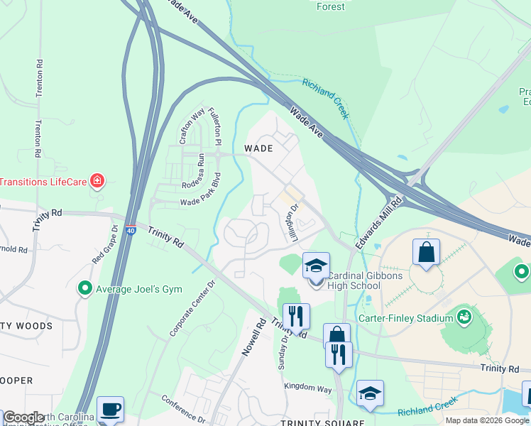 map of restaurants, bars, coffee shops, grocery stores, and more near 5451 Markridge Road in Raleigh