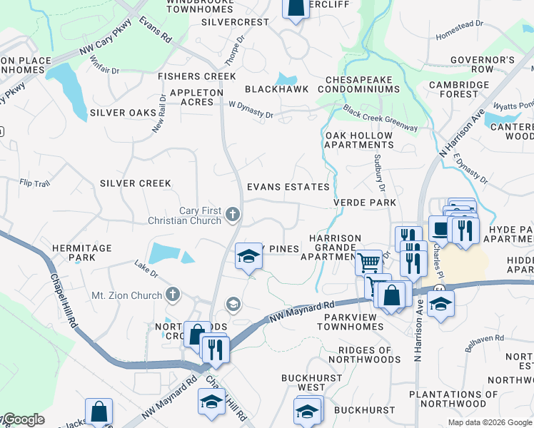 map of restaurants, bars, coffee shops, grocery stores, and more near 212 Needle Park Drive in Cary