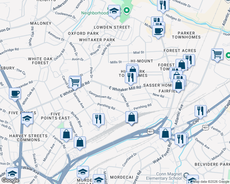 map of restaurants, bars, coffee shops, grocery stores, and more near 518 East Whitaker Mill Road in Raleigh