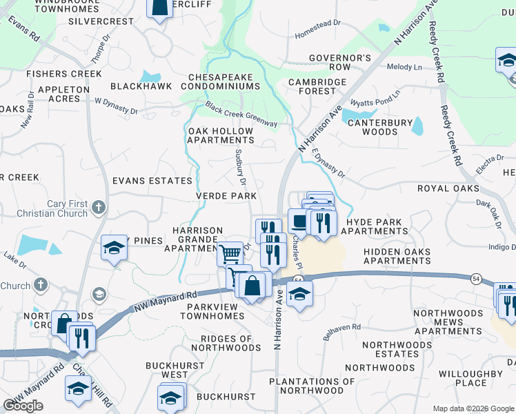 map of restaurants, bars, coffee shops, grocery stores, and more near 319 Roberts Ridge Drive in Cary