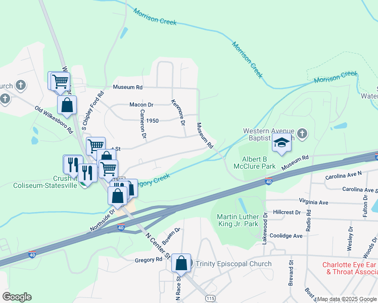 map of restaurants, bars, coffee shops, grocery stores, and more near 442 Millsaps Road in Statesville