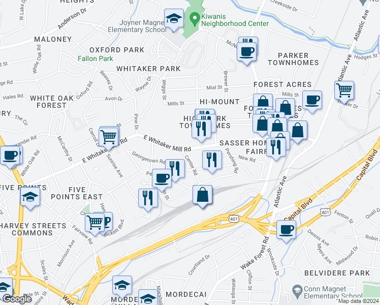 map of restaurants, bars, coffee shops, grocery stores, and more near 604 East Whitaker Mill Road in Raleigh