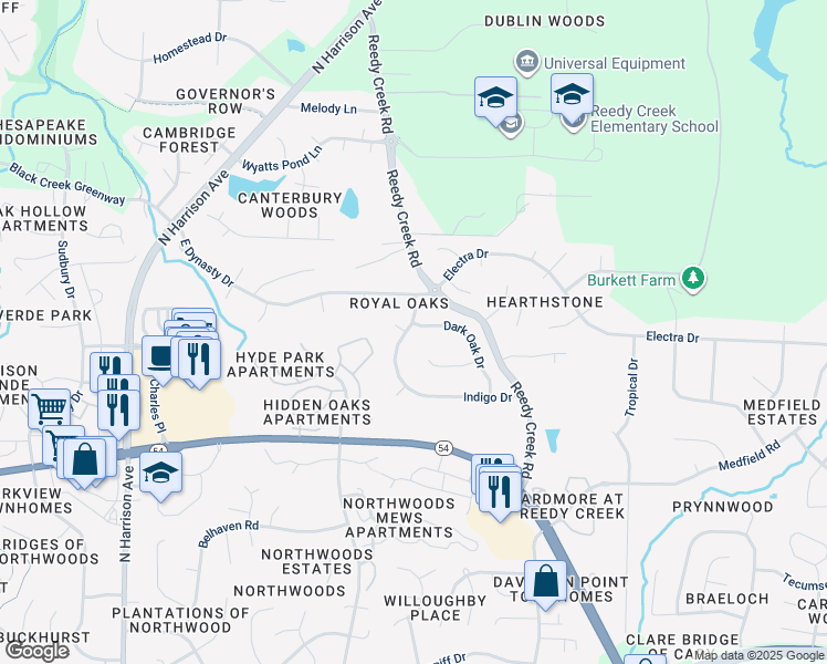 map of restaurants, bars, coffee shops, grocery stores, and more near 102 Dark Oak Drive in Cary